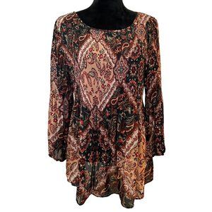 Floral & Ivy Round Neck Top Red & Black Paisley 3/4 Blouson Sleeves XL